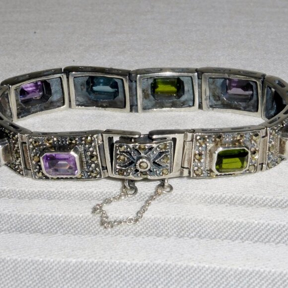 Vintage Silver Bracelet with Marcasite Amethyst Topaz Citrine Peridot Stones 7" - Picture 2 of 9